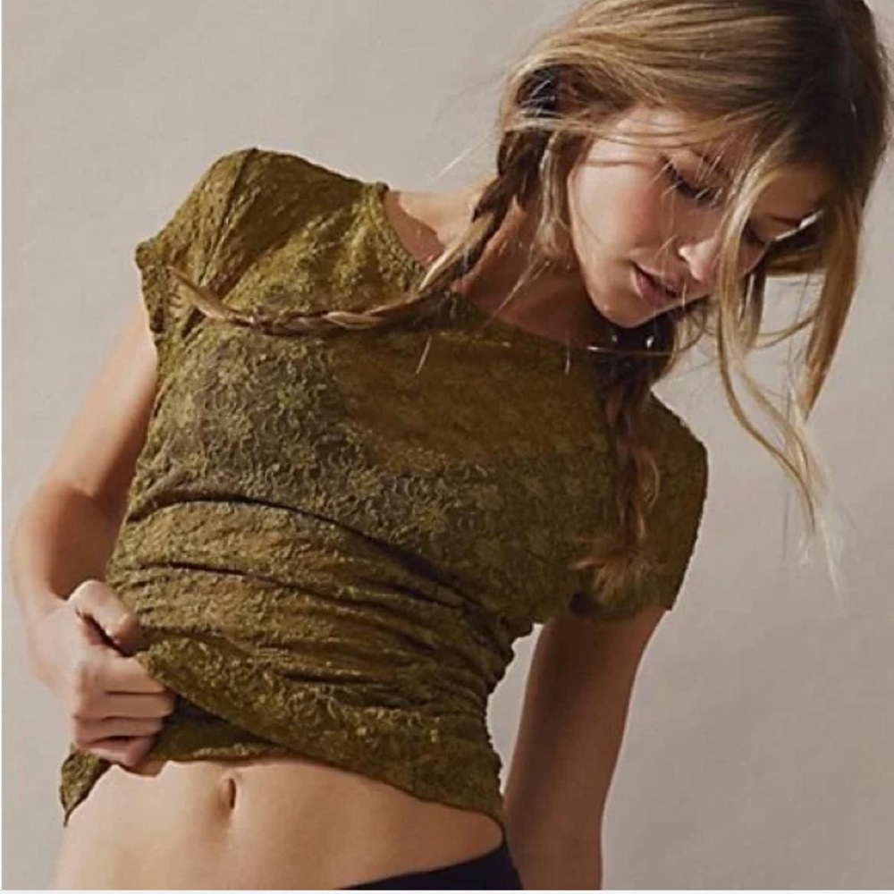 Free People Olive Short Sleeve Lace Top